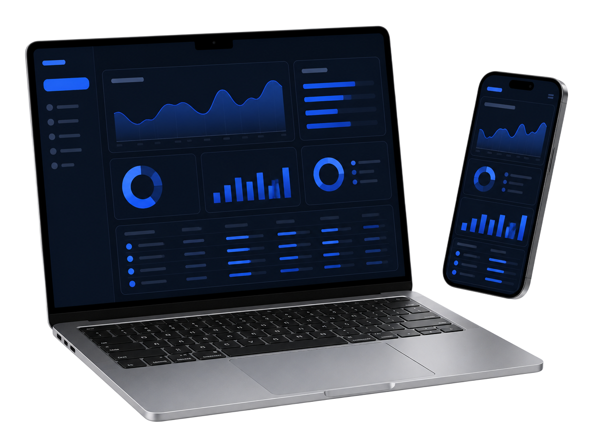 Qrius dashboards shown on a laptop and phone